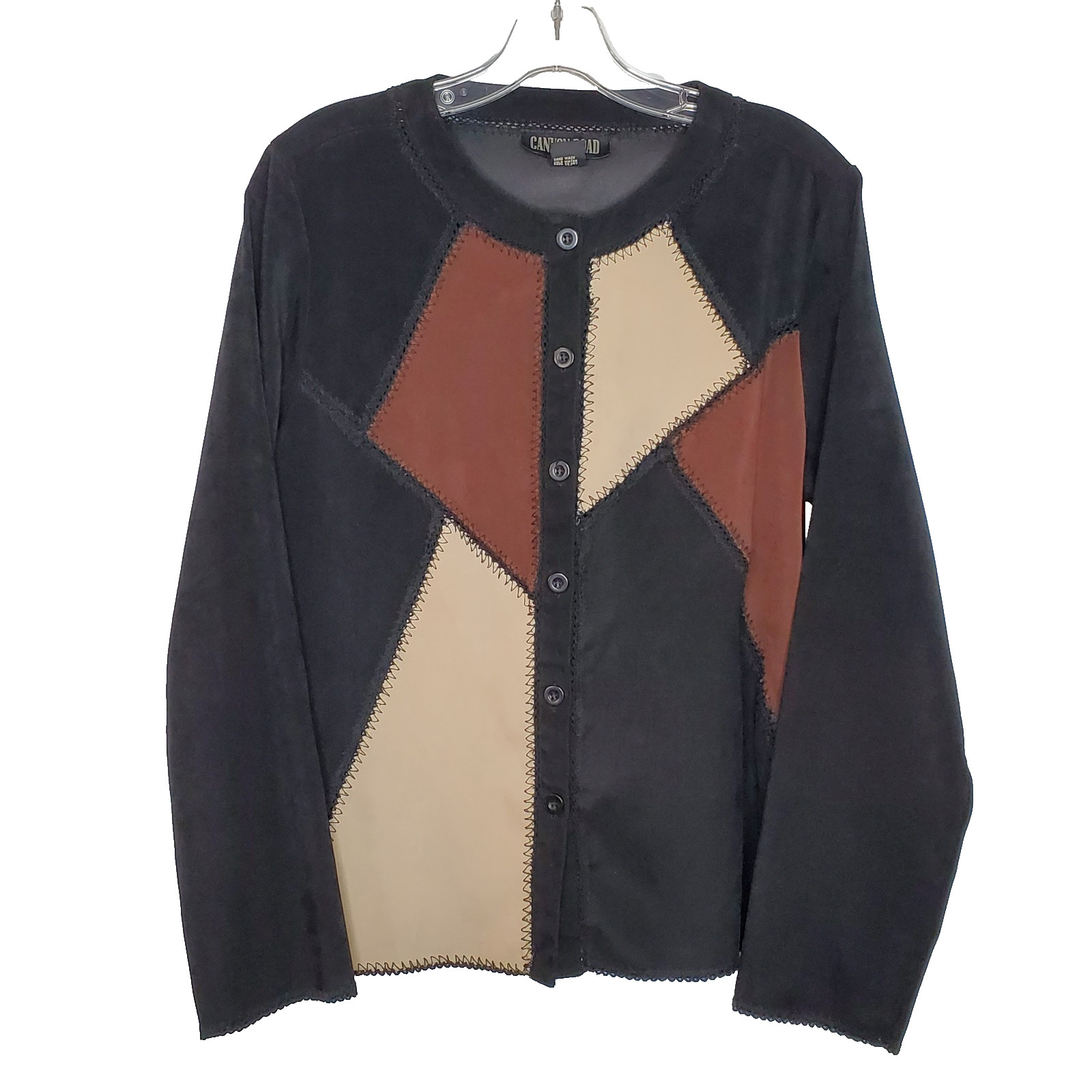 Patchwork Top Blouse M Black Brown Colorblock Ope… - image 1