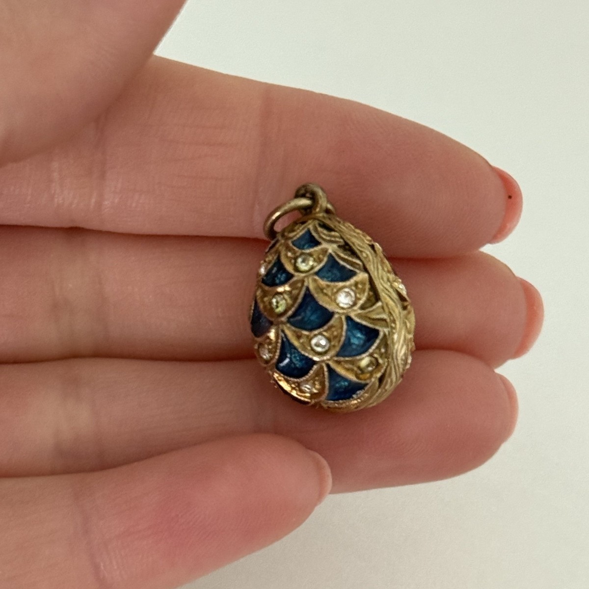 Vintage Blue Enamel 3D Egg Clear Crystal Gold Tone Pendant View 4