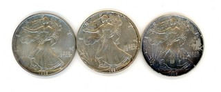 USA : Lot de 3 monnaies d'argent pur Dollar Once 1991 et 1995 (2) SPLENDIDES