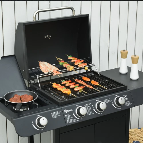 Outsunny Barbecue a Gas con Coperchio e Termometro, Fornello Laterale e 2 Ruote - Foto 9 di 10