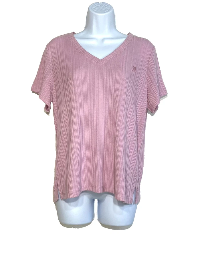 Nuevo con etiquetas Tommy Hilfiger para mujer L 2 piezas Conjunto de pijama acanalado manga corta Breezy Orchid Foto 3 de 4