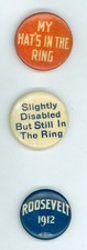 3 Theodore Roosevelt Political Pinback Buttons HATS' IN THE RING 1912 Bull Moose