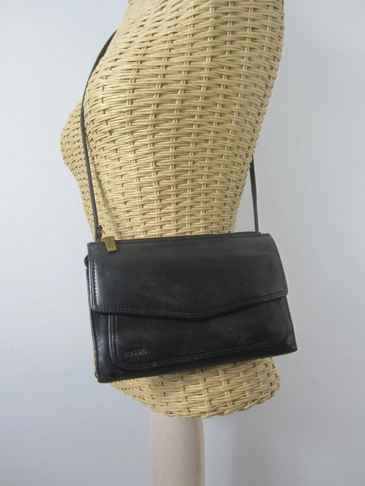 Vintage Fossil schwarz Kiesel Leder Organizer Geldbörse Clutch langer Schulterriemen - Bild 2 von 4