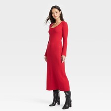 Women Long Sleeve Maxi Sweater Dress - A New Day Red L