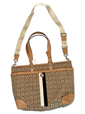 Coach Signature Stripe Tote Brown Khaki Canvas Leather Shoulder Bag