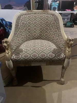 Carved Wood Accent Chair   Egyptian Revival Style   Gilded Lion Heads  &Feet
