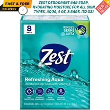 Zest Deodorant Bar Soap, Hydrating for All Skin Types, Aqua, 4 oz, 8 Bar, 32 oz