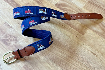 Leather Man 8 Lighthouses Belt Navy Canvas Leather HandMade Essex CT Men's Sz 40