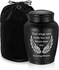Urn for Human Ashes Large Stainless Steel 8.5 in Black Wing