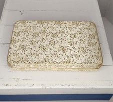 Vintage Mid Century Brocade Jewelry Box Clamshell Gold Foil Rose Travel Case