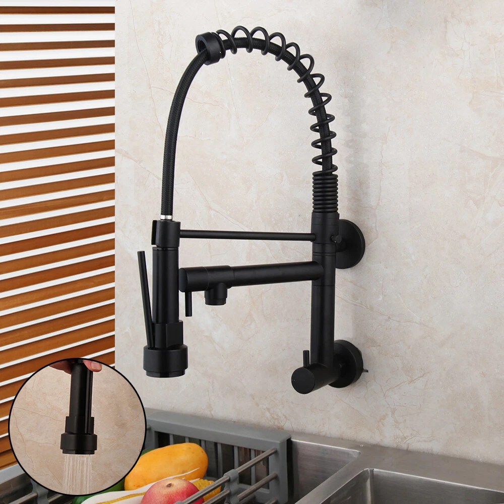 Wall Mount Black Kitchen Sink Faucet Pull Down Spray Swivel Spout Mixer Tap