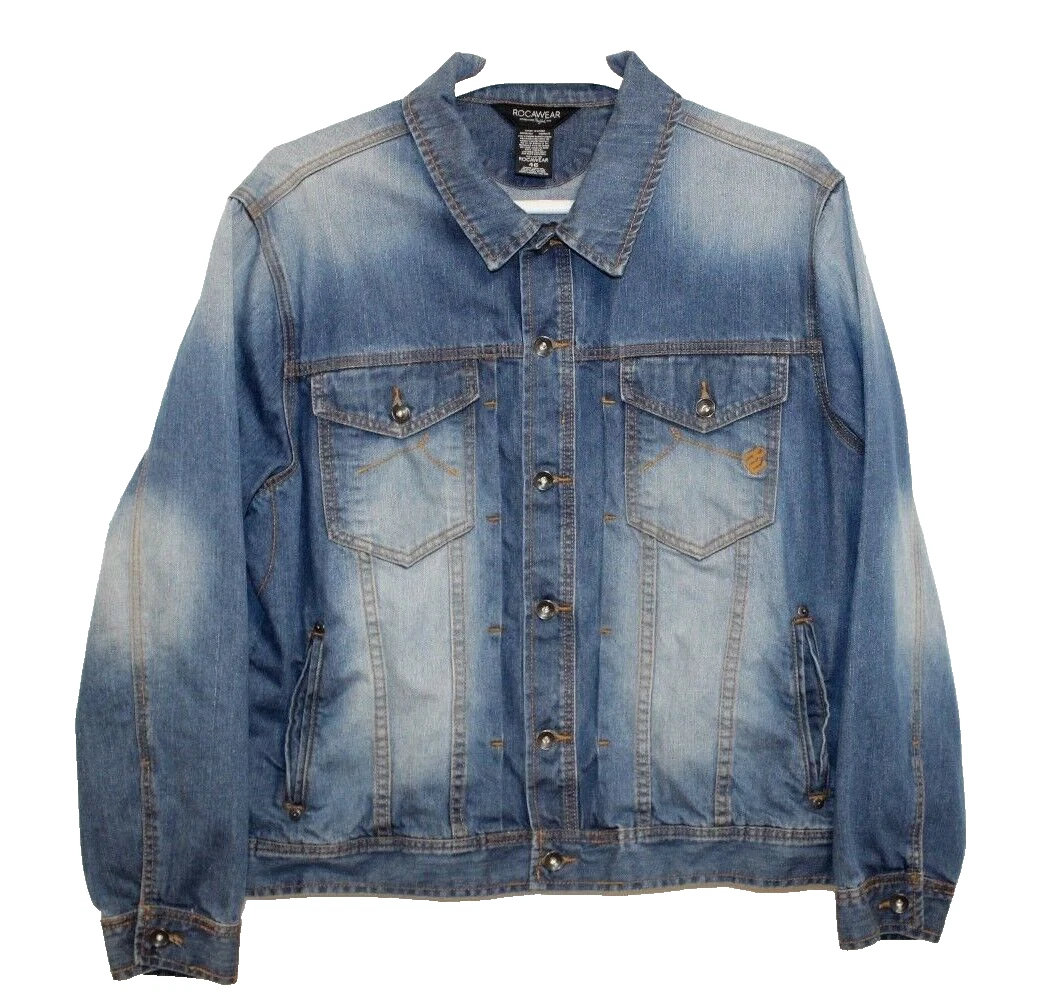 RocaWear Mens Denim Jean Jacket Sz 46 Blue Trucker Prison Windbreaker Coat