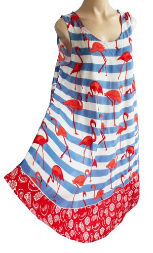 Sommer Viskose Gestreift Kleid Mit Flomingo Freie Größe UK 14 Sich 18 Pink/Blau - Bild 6 von 9