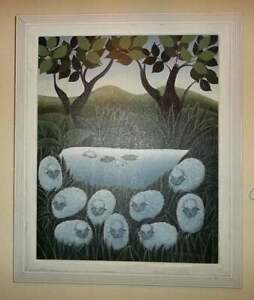 1980&#039;s Ruth Schindler Rare Vintage Handpainted Sheep Canvas Painting Signed  by 