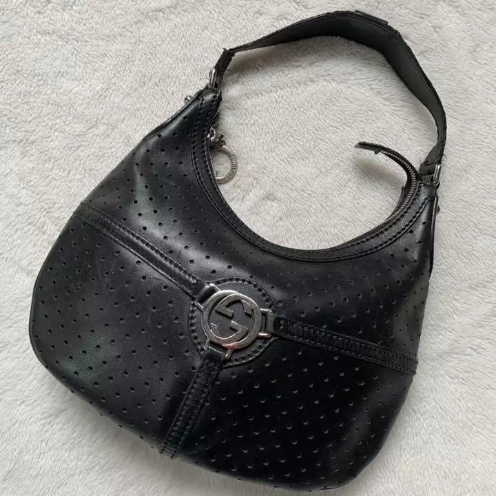 Authentique sac à main Gucci imbriqué G sac à bandoulière noir poinçonné cuir Italie