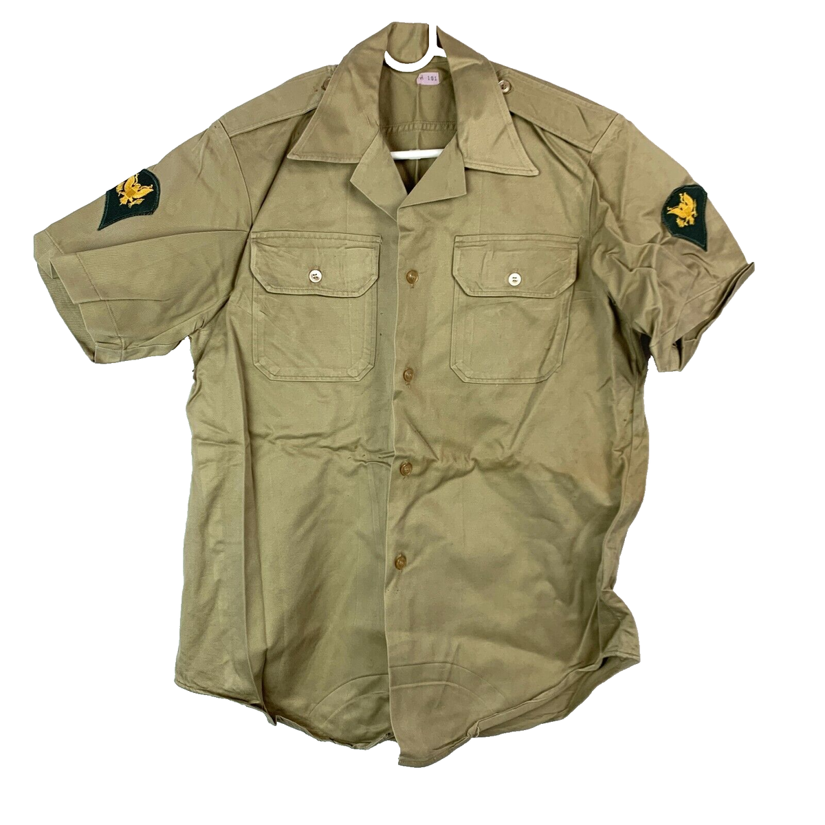 Vintage Vietnam Era US Army Short Sleeve Twill Khaki Shirt Patches