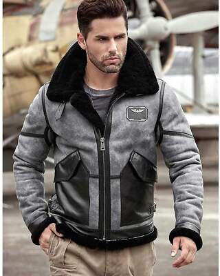 Men's B3 RAF Grey Flight Bomber Aviator Real Sheepskin Shearling Leather Jacket