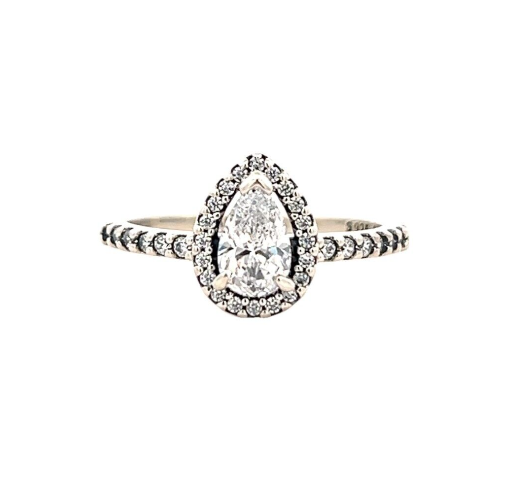 PANDORA Sterling Silver Sparkling Cubic Zirconia Pear Shaped Halo Ring Size 