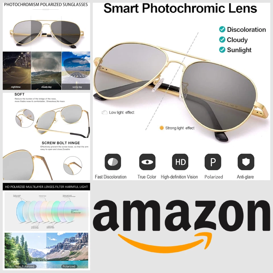 Mens Photochromic Sunglasses Polarised Driving Metal Frame UVA UVB UV400 Gold