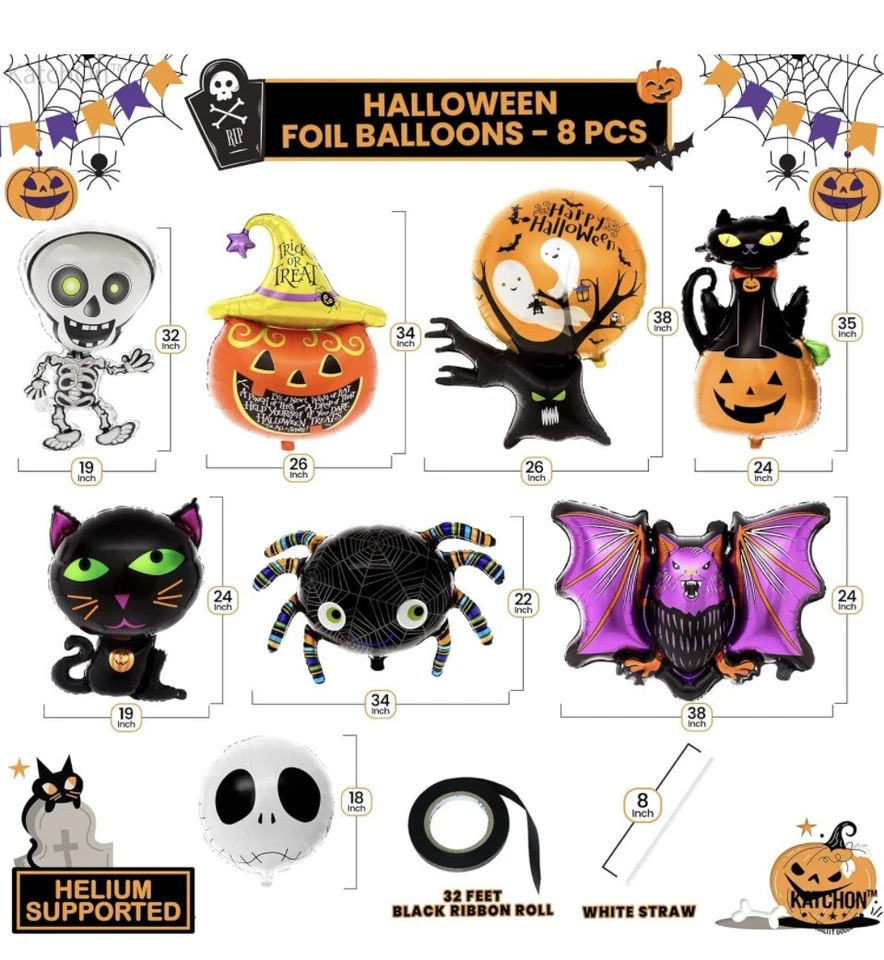 8 Piezas Globos Gigantes de Lámina de Halloween Fantasma Calabaza Calavera Gato. Nuevo en Paquete Foto 2 de 4