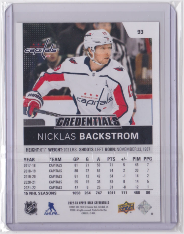 2022-23 UD CREDENTIALS ORANGE BASE PARALLEL /149 NICKLAS BACKSTROM #93 CAPITALS - Image 2 of 2