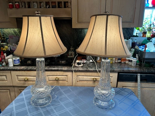 2 WATERFORD GIANT ANTIQUE 1950's HAND BLOWN/CUT CRYSTAL TABLE LAMPS - 32.3 TALL