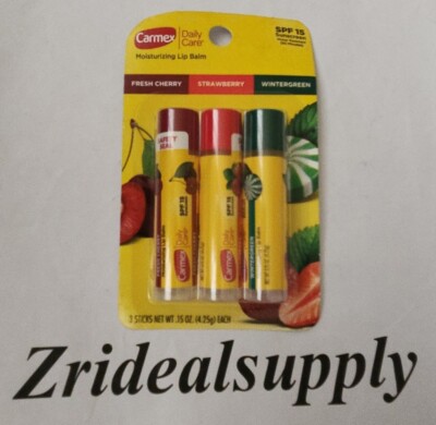 CARMEX DAILY CARE 3PK LIP BALM CHAPSTICK Cherry, Strawberry, Wintergreen SPF15