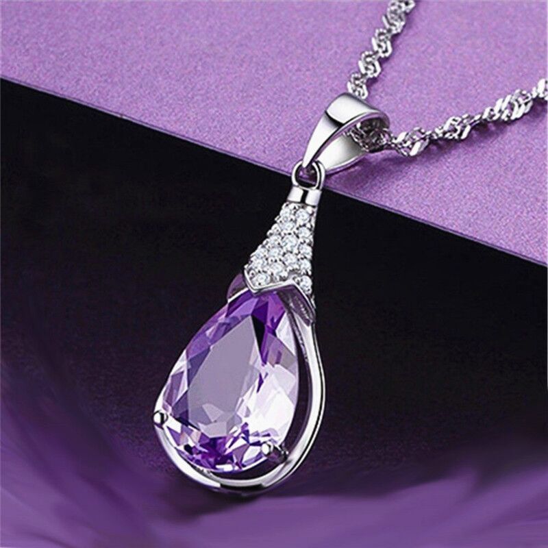 Crystal Water Drop Pendant Chain Necklace 925 Sterling Silver Women