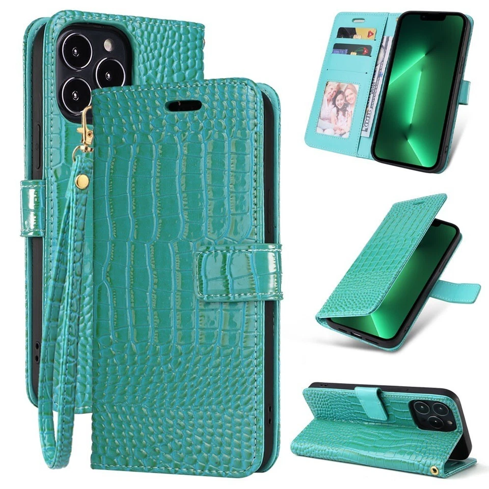 For iPhone 16 Pro Max 15 14 13 12 11 XR XS Crocodile Pattern Wallet Phone Cover - Image 4 of 4