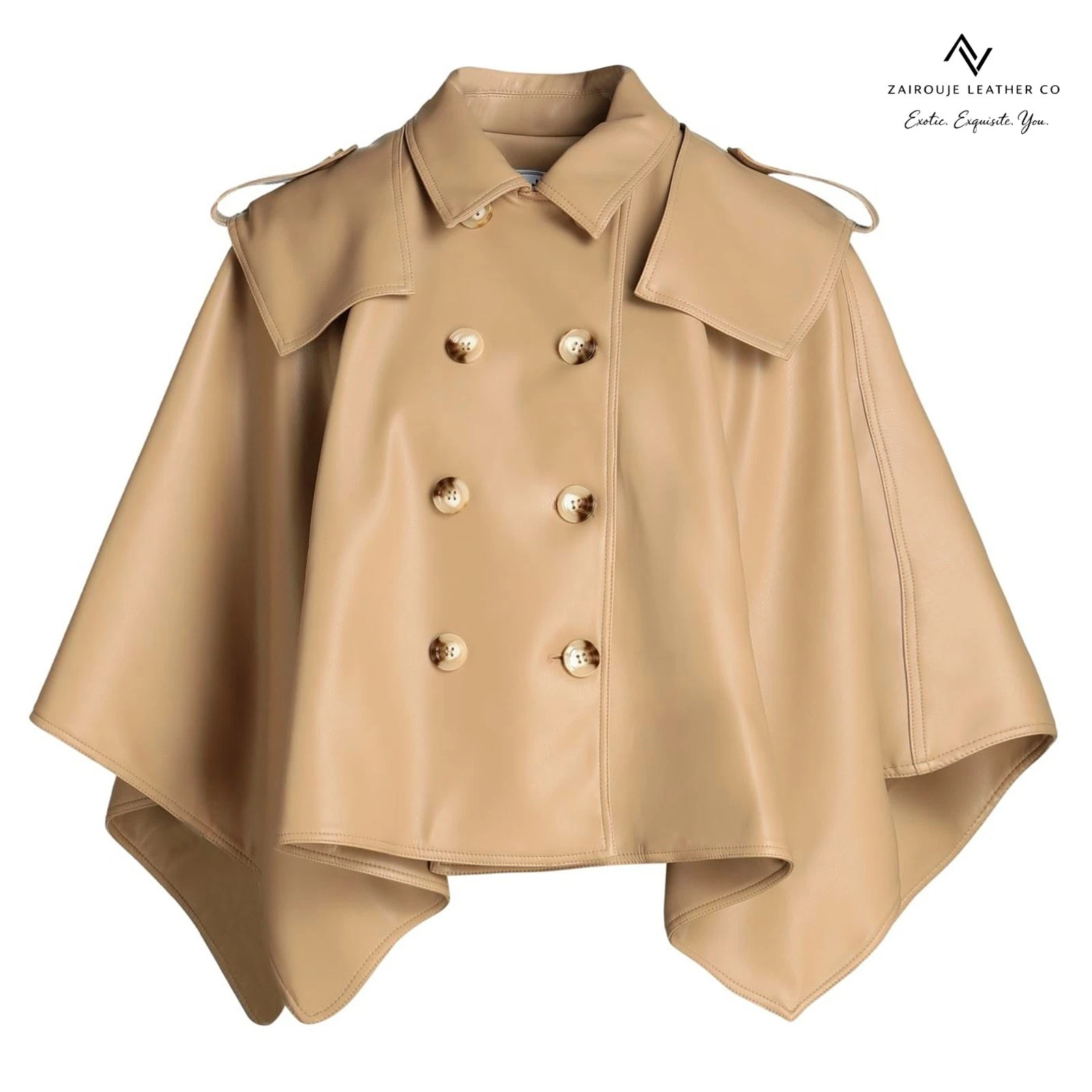 Women's Lambskin Leather Cape Coat Cropped Poncho Tan Double Breasted