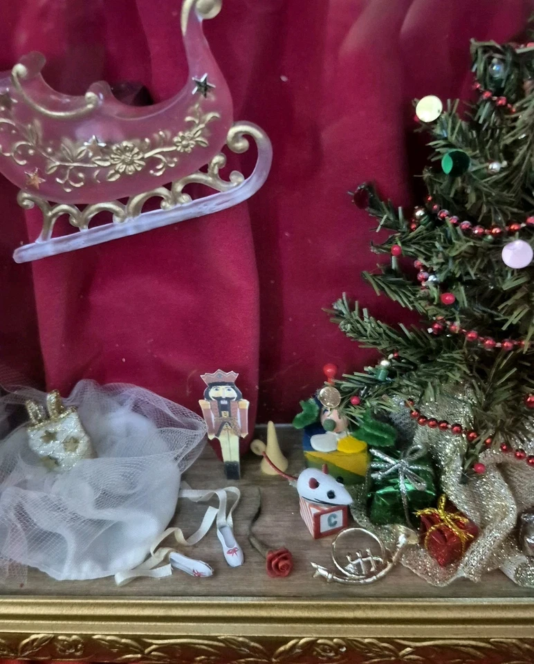VTG Christmas Shadow Box   Handmade Diorama 11x11x4, Ballet, Tree, Sleigh, Gifts - Image 3 of 4
