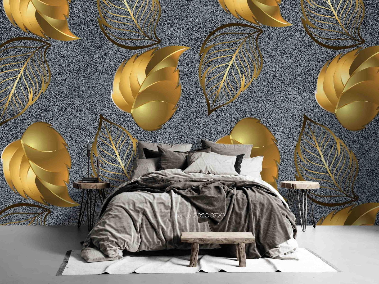 3D Gold Leaves Pattern Wall Murals Wallpaper Murals Wall Sticker