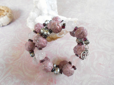 Carolyn Pollack Oxidized Sterling Rose Quartz Rhodonite Bead Bracelet  C39R
