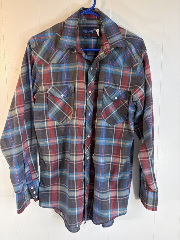Mens Wrangler Western Shirt M Multicolor Plaids L/S Cot/poly Snaps Rockabilly