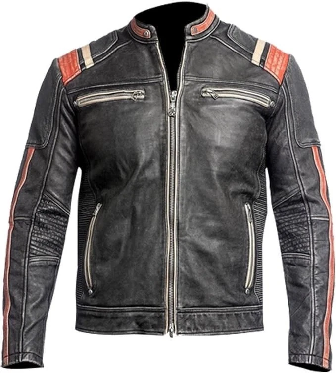 Men’s Distressed Black Real Sheepskin Leather Cafe Racer Biker Jacket