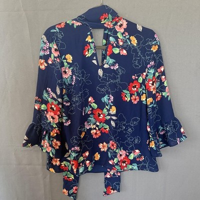 Primark Blouse Womens 8 Navy Blue Floral Tie Neck 3/4 Bell Sleeve Top Shirt