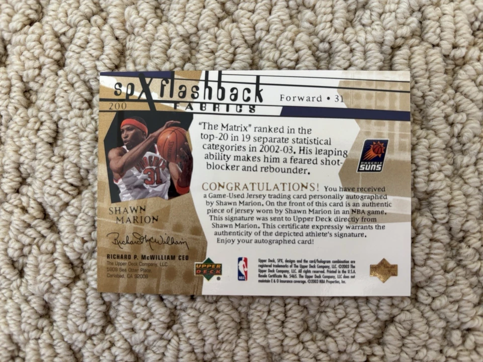 Camiseta deportiva Upper Deck Spx Shawn Marion Flashback Gold 2003-04 automática 1/1 Phoenix Suns  Foto 2 de 2