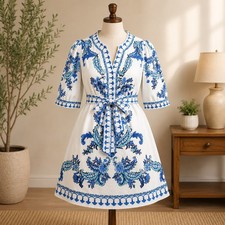 Cider Paisley Floral V-Neck Mini Dress Womens Small Blue White Tie Waist Boho