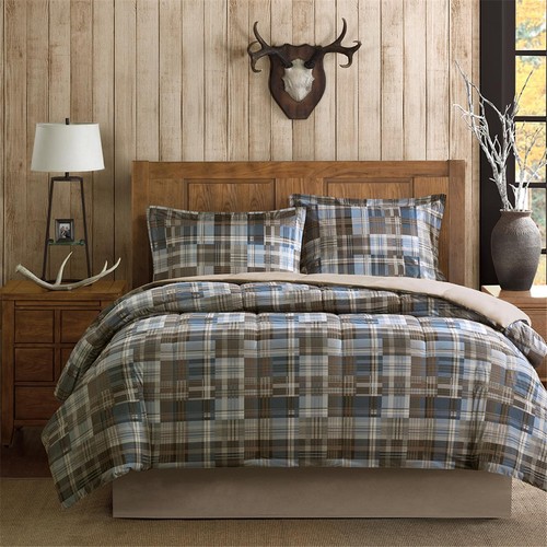 COZY BLUE PLAID Full Queen COMFORTER SET : CABIN LODGE DOWN ALTERNATIVE COUNTRY - Picture 3 of 7