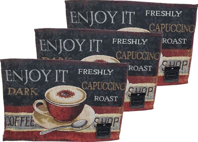 Set of 3 Tapestry Placemats, 13''x19'', COFFEE CUP, ENJOY IT,DARK COFFEE SHOP, HC