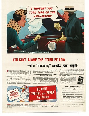 1944 Zerone Zerex Anti-Freeze Duck Mascot cartoon comic art Vintage Print Ad