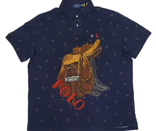 New Polo Ralph Lauren Navy Saddle  Print Classic Fit Polo Size M , XL & 2XL - Afbeelding 1 van 2