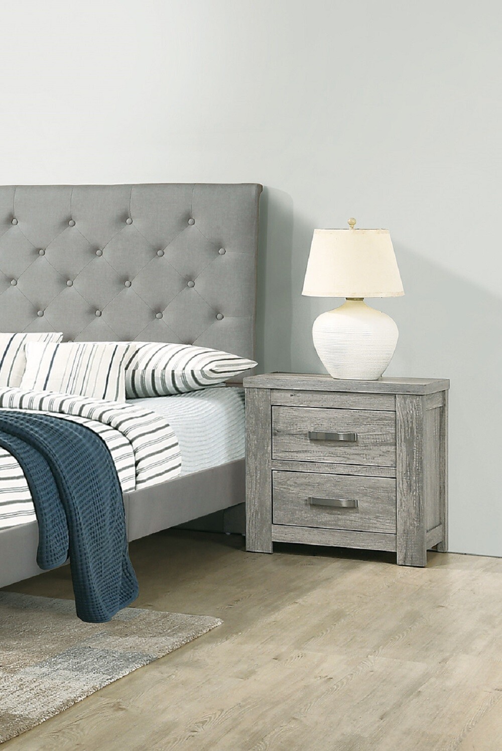 Modern Grey Wooden Nightstand with 2 Drawers for Bedrooms