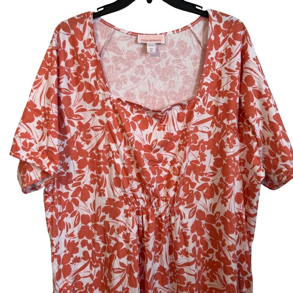 Vestido maxi Stan Herman feminino XL floral coral laranja e branco algodão - Imagem 3 de 4