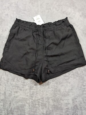H&M Shorts Womens Size Large Black Linen Ruffle Trim Stretch Athleisure  Casual