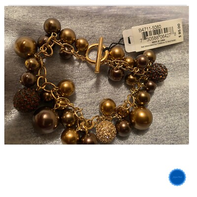 Carolee Toggle Bracelet with Brown Crystals and Pearl Bauble Balls