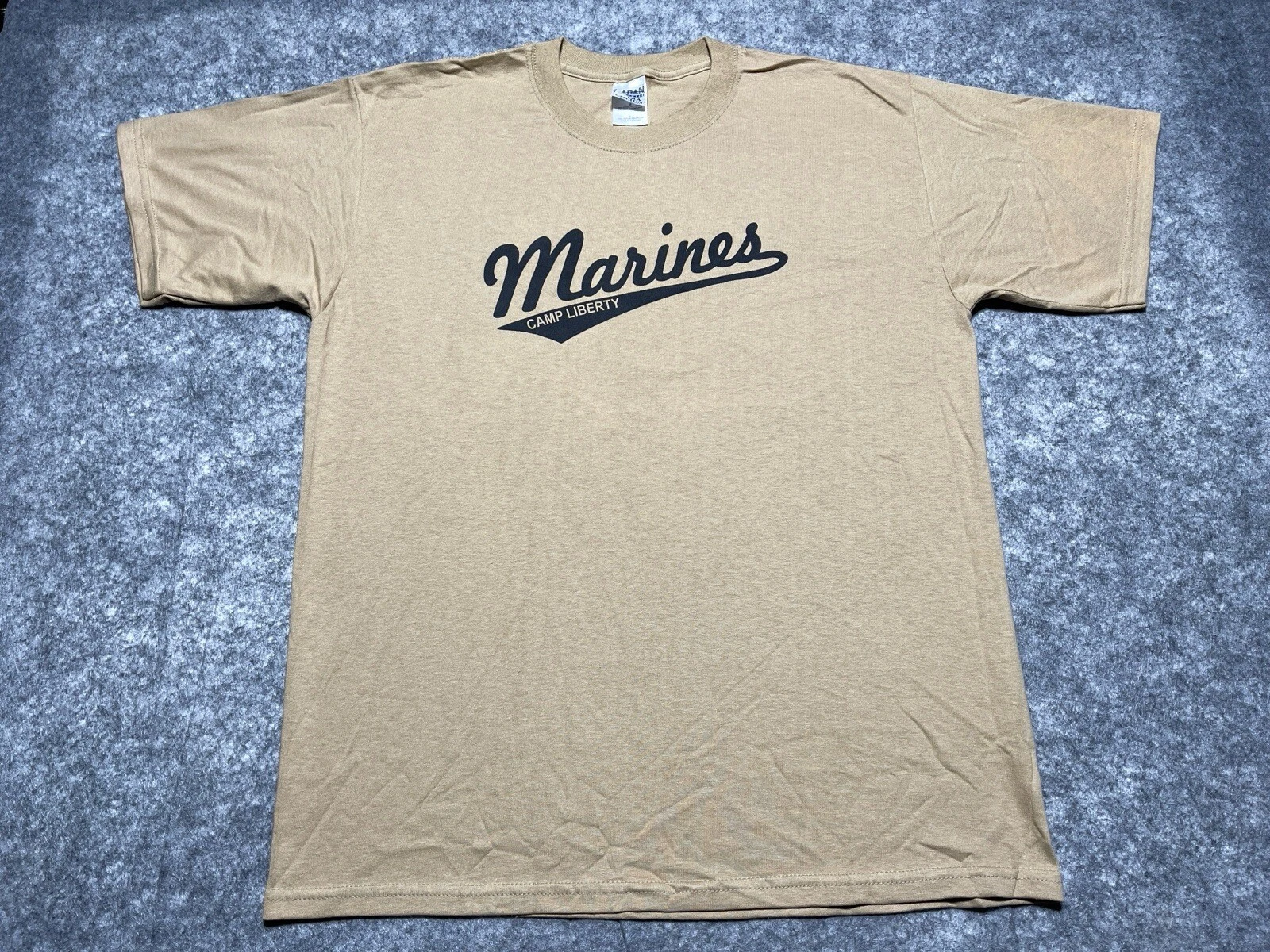 NEW Y2K US Marines Shirt Large Beige CAMP LIBERTY Iraq Military Forces Patriot
