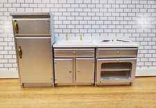 Dollhouse Kitchen Set Stove Refrigerator Sink Modern Silver 1:12 Scale Furniture