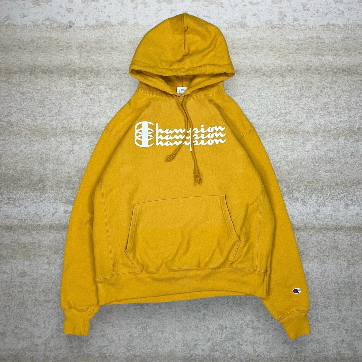 Vintage Champion Hoodie Mens L Reverse Weave Mustard Yellow Cotton Pullover  Y2K