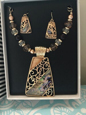 Mixit  Teardrop earring and necklace set - Gold and Tan Beaded dangle Stone Gift